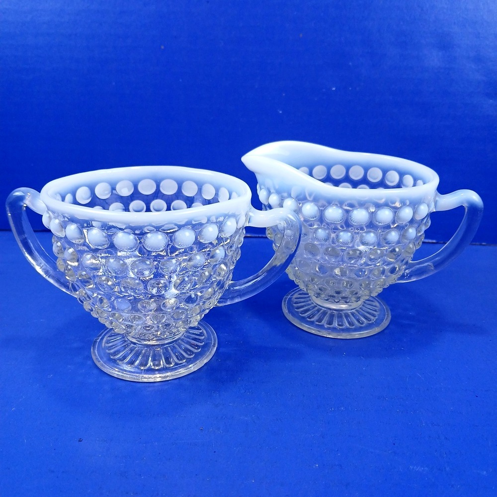 Anchor Hocking French Opalescent Moonstone Hobnail Footed Sugar and Creamer